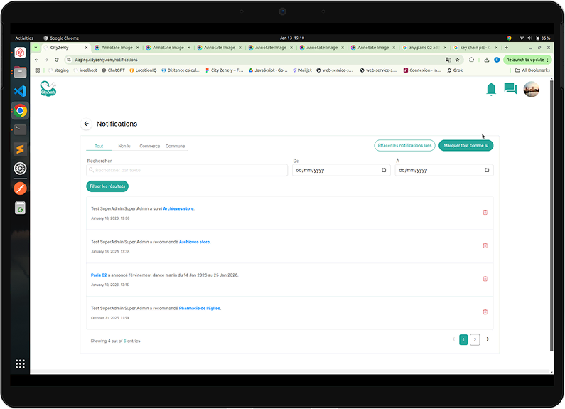 Notifications dashboard