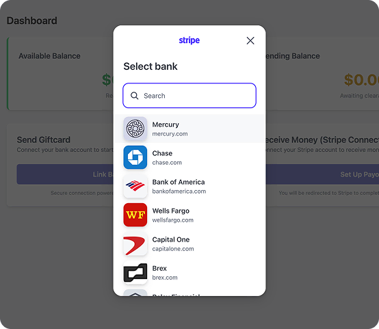 Bank selection interface showing secure payment setup