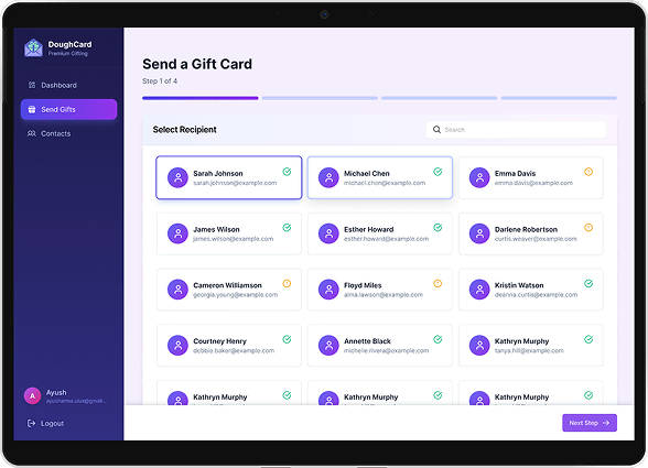 Gift card creation interface showing recipient selection