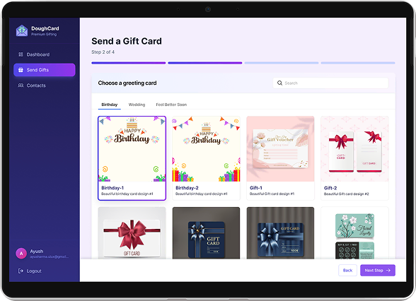 Gift card creation interface showing template and AI-driven design