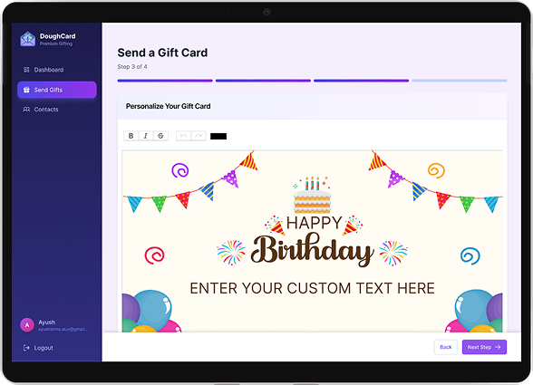 Gift card creation interface showing customization options