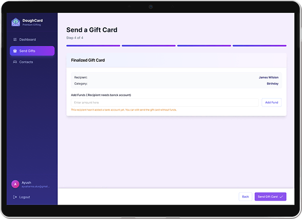 Gift card creation interface showing delivery preview