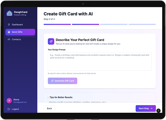 AI-powered gift card generation and instant monetary delivery screenshot
