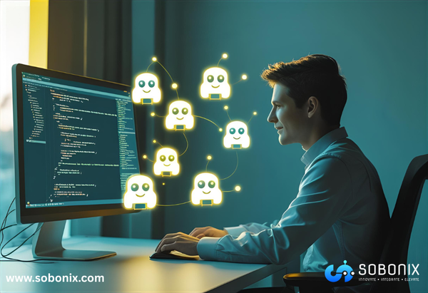 Illustration of a developer coding with AI agents in 2025